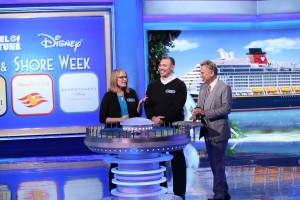 Melanie and Jer with “Wheel of Fortune” host Pat Sajak in the bonus round. The couple was unable to solve the bonus round puzzle of "Heroic Journey," which would have added $33,000 to their winnings of $20,223 worth of cash and prizes, including a Caribbean cruise.