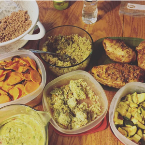 Sam’s meal prep table on a typical Sunday.