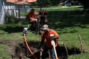 JMI Utility Contractor workers Casey and Josh from Vermillion, KS, subcontractors for KLK, work in the heat to put in Sully Telephone Association’s fiber optic cables. The crew has been working Monday through noon on Friday for a few weeks and has one more week in Sully.