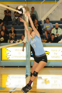 Senior Shelby Foster pushes the ball over the net against Sigourney.