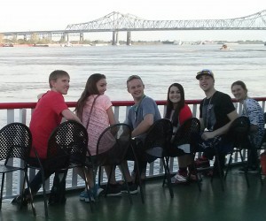 Canyon Kuhlmann, Taylor Maasdam, Caleb Jansen, Haley James, Kyle Van Dyke, and Marissa Vos enjoy the view on the Steamboat Natchez.
