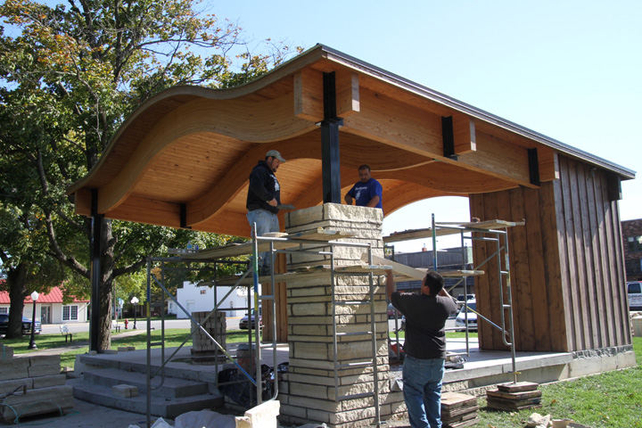 Stonework install nearly complete at Sully Central Park stage/shelter